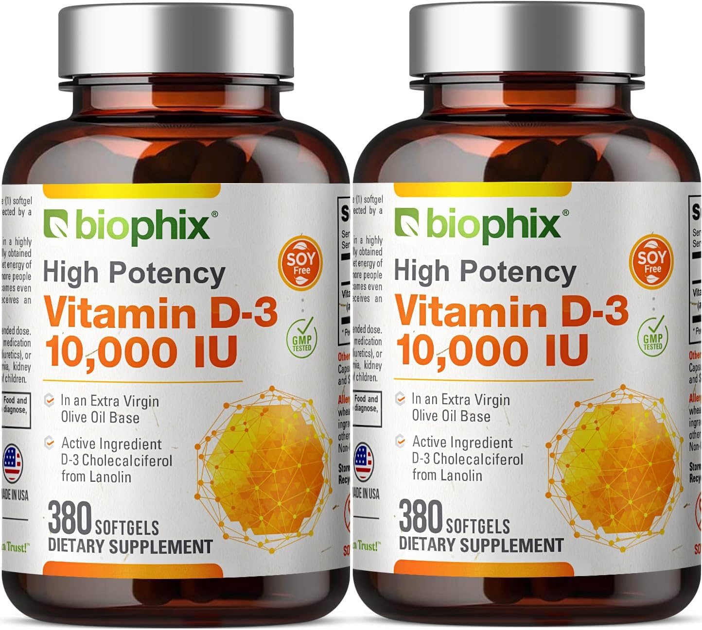 biophix Vitamin D3 10000 IU 380 Capsules (2 Bottles) - High Potency in Extra Virgin Olive Oil - Non-GMO, Soy-Free