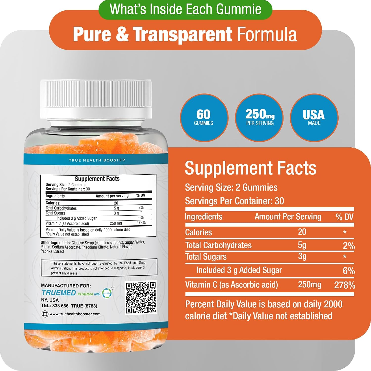 TRUEMED Gomitas de Vitamina C con Zinc y Probióticos - 250mg - 60 unidades