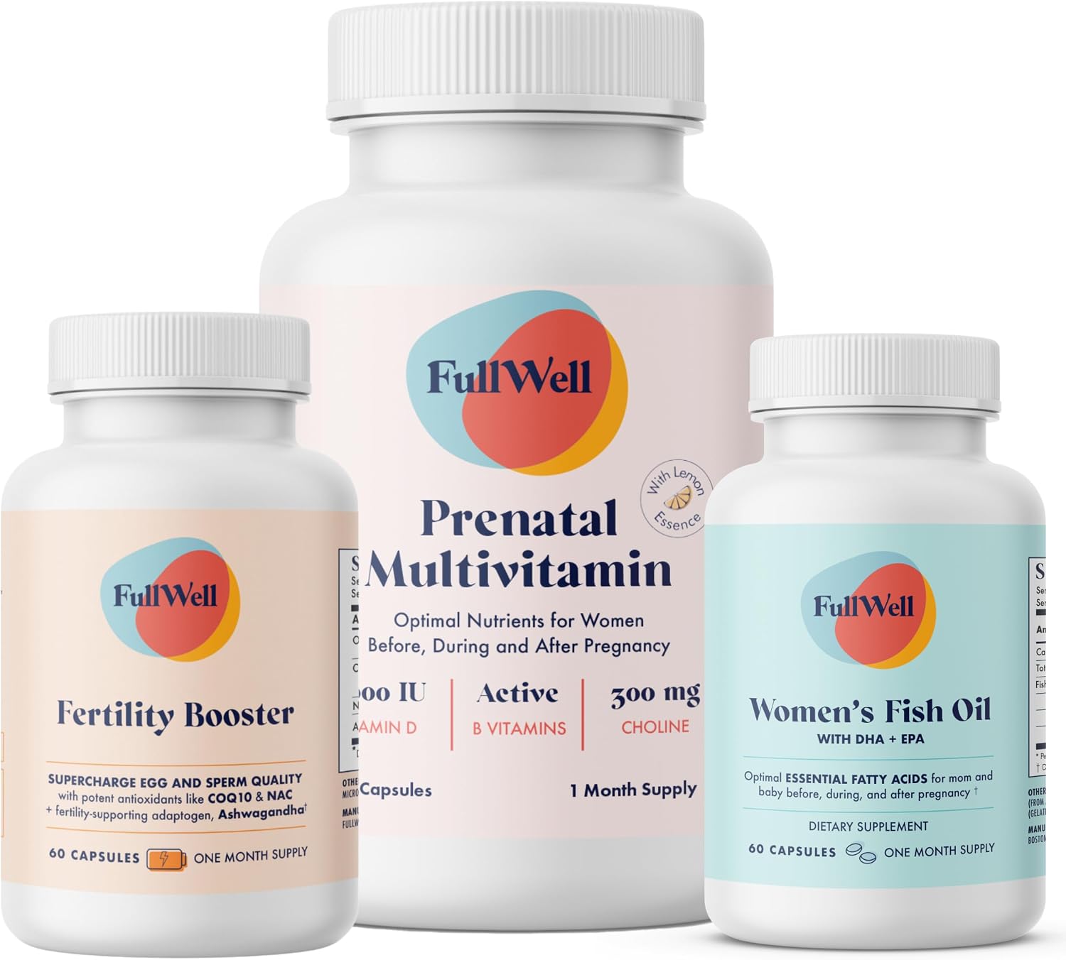 FullWell Women's Fertility Trio - Apoyo a la Concepción - Potenciador de Fertilidad, Multivitamínico Prenatal (Esencia de Limón) y Aceite de Pescado - 30 Dosis