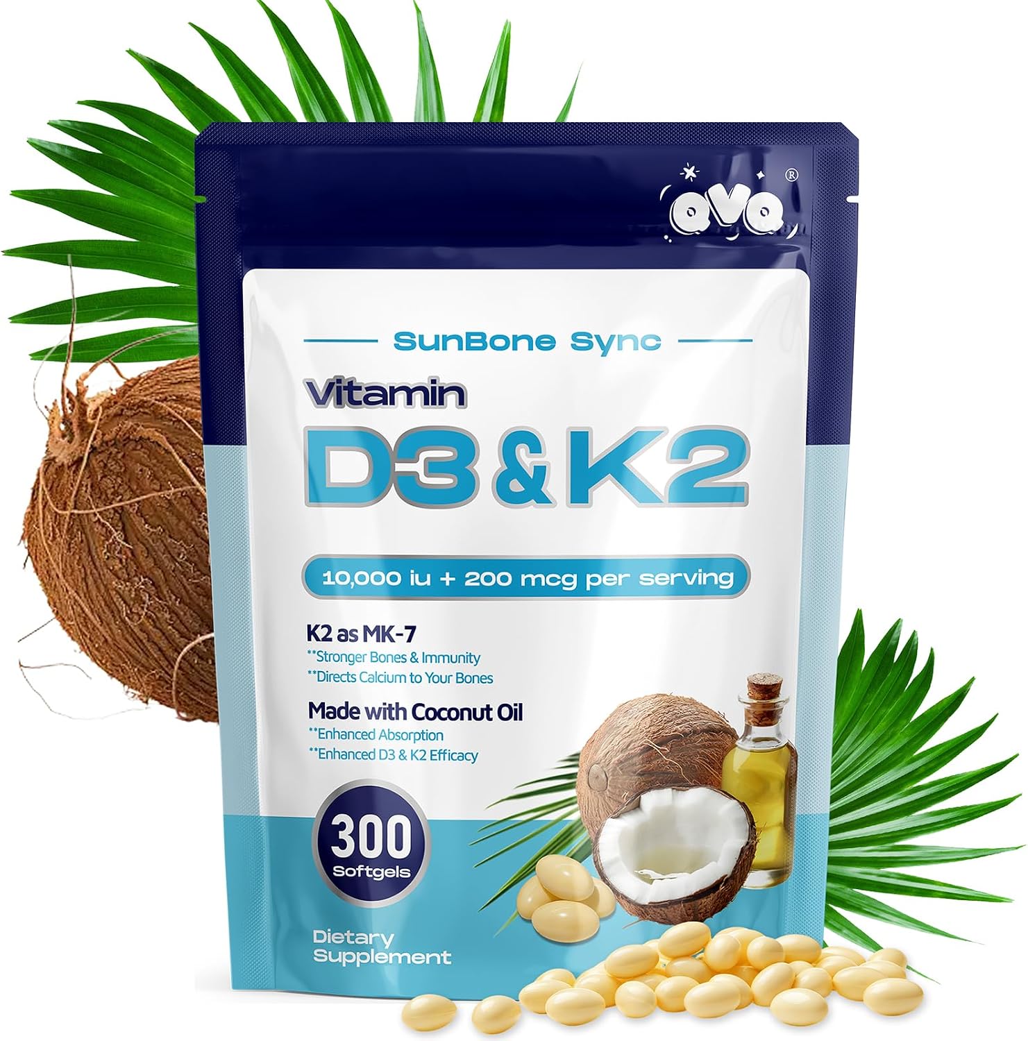 QVQ Vitamina D3 10000 UI + K2 (MK-7) 200 mcg, 300 Cápsulas blandas con aceite de coco virgen