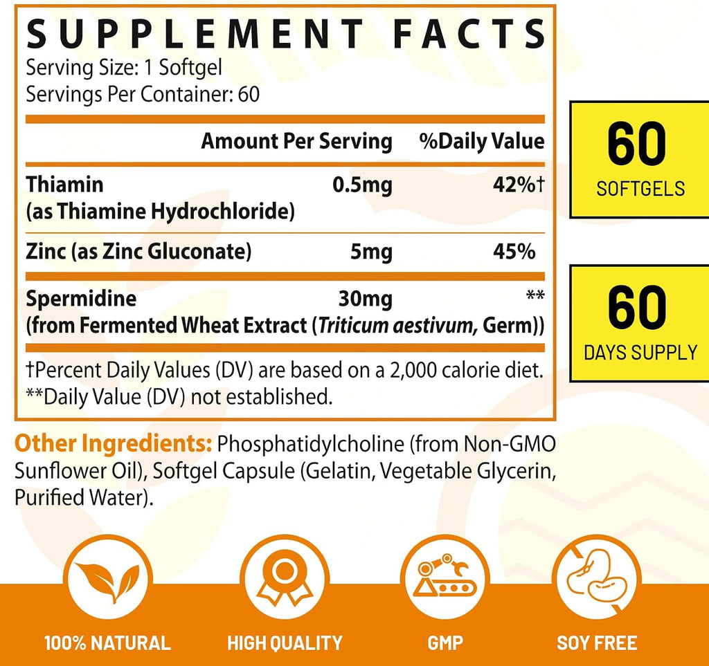 Suplemento de Espermidina 30mg, Alta Absorción, Extracto de Germen de Trigo Fermentado, 60 Cápsulas Blandas - CORPORALIGHT