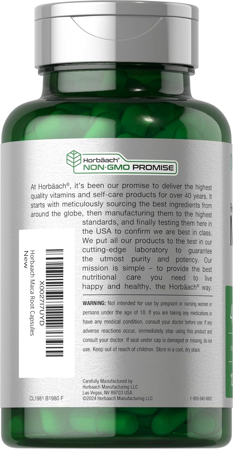 Horbäach Cápsulas de Raíz de Maca para Hombres y Mujeres | 120 Cápsulas | Extracto de Alta Potencia | Fórmula No GMO y Sin Gluten