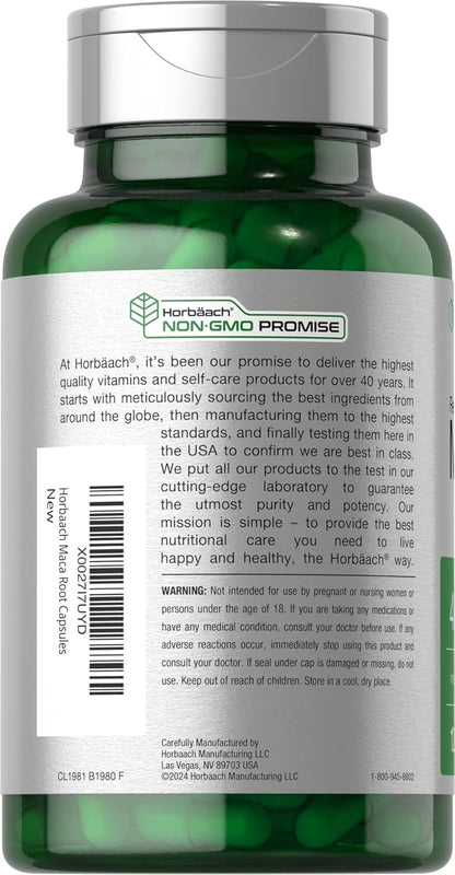 Horbäach Cápsulas de Raíz de Maca para Hombres y Mujeres | 120 Cápsulas | Extracto de Alta Potencia | Fórmula No GMO y Sin – Image 3