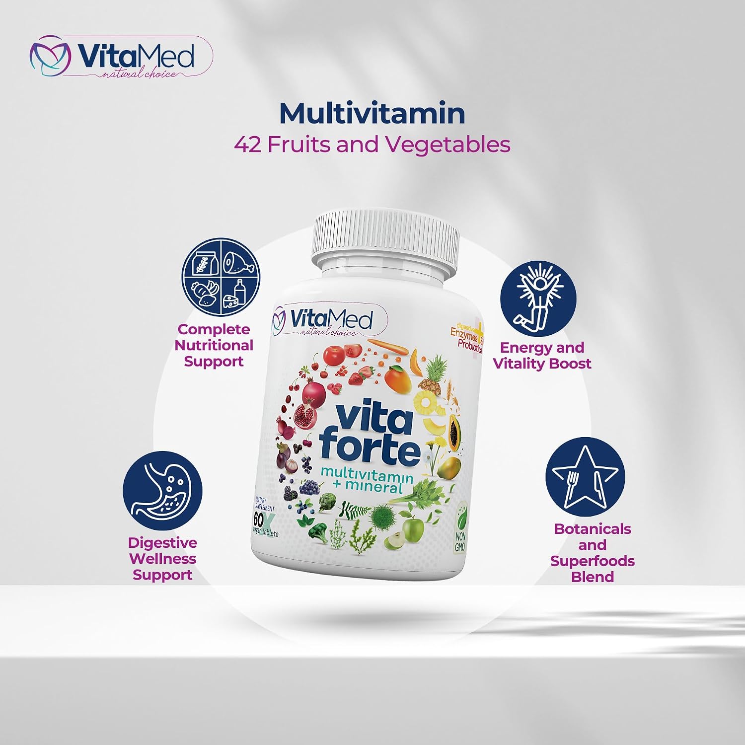 Vita Forte Multivitamínico Vegano con Probióticos y Enzimas Digestivas – 60 Comprimidos