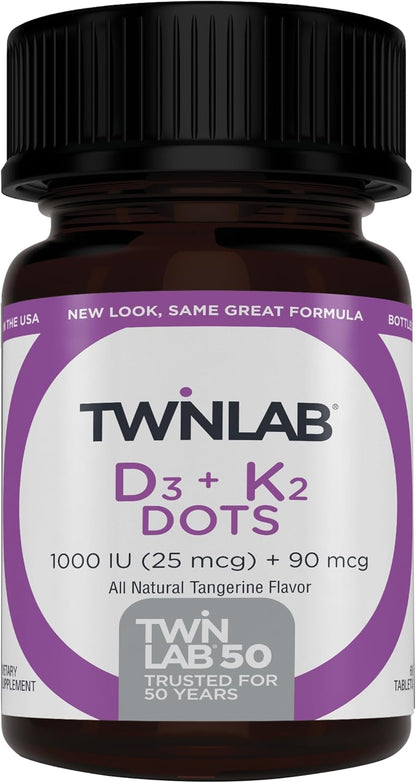 Twinlab Vitamina D3 1000 + K2 Dots - 60 – Dosis óptima: 1000 UI de vitamina D3 y 25 mcg de vitamina K2 por – Image 1