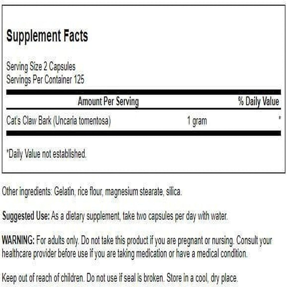 Swanson Uña de Gato de Espectro Completo 500 mg, 250 Cápsulas – Image 2