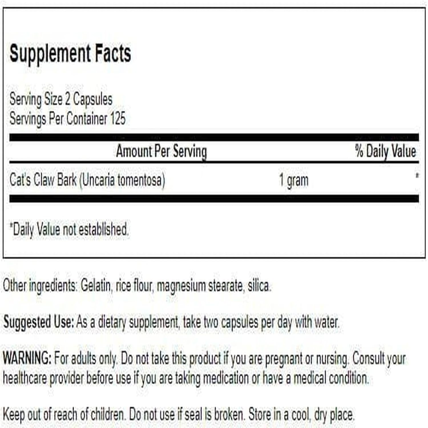 Swanson Uña de Gato de Espectro Completo 500 mg, 250 Cápsulas