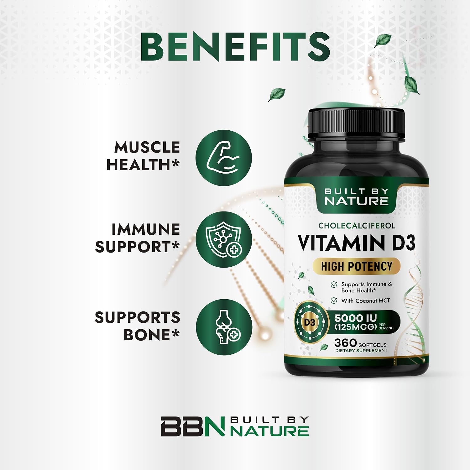 Built by Nature Vitamina D3 5000 UI, 360 Minicápsulas Blandas con Aceite MCT de Coco