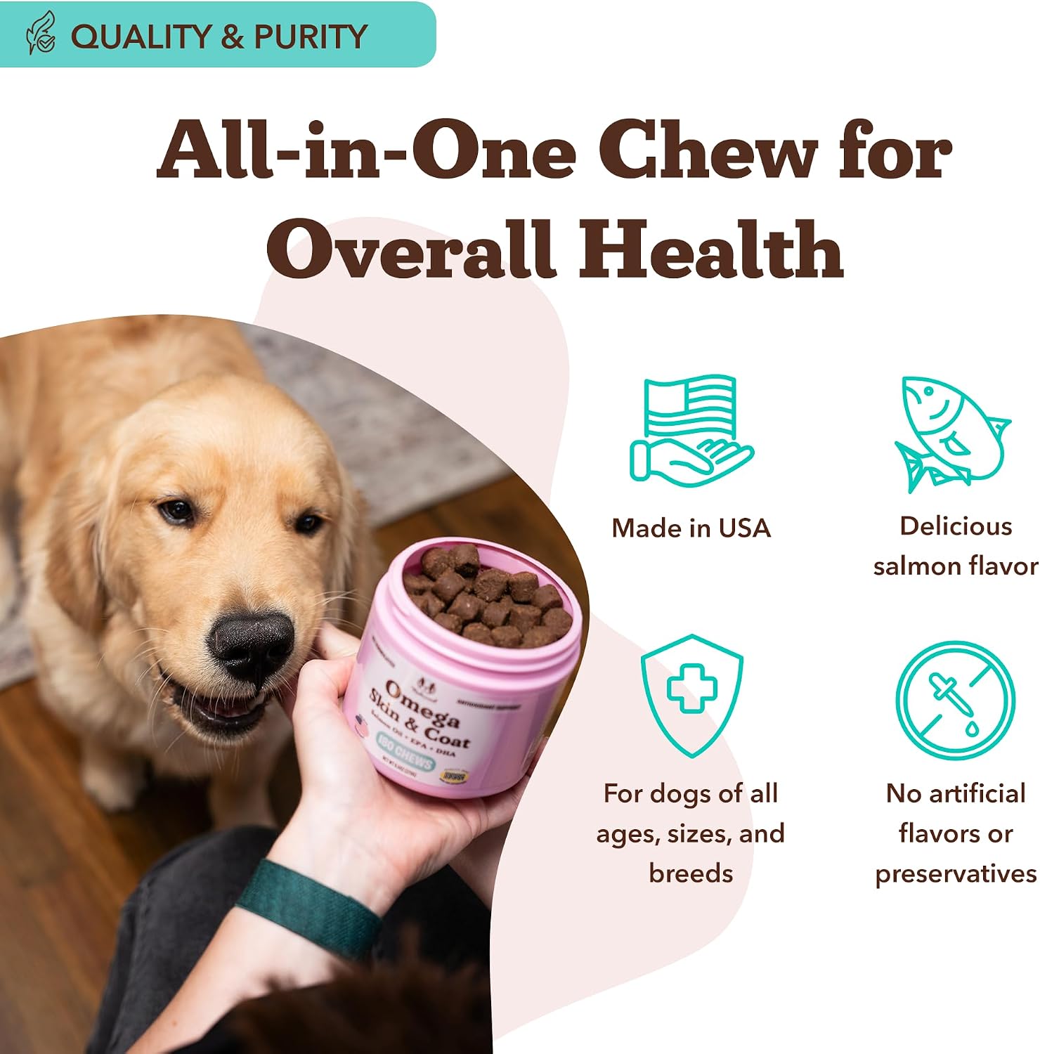 Omega Chews para Perros con Aceite de Salmón y Omega 3 – Apoyo para Piel, Pelo y Articulaciones (180 unidades)