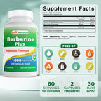 Best Naturals Berberine Plus 1000mg por porción, 60 cápsulas - Contiene Berberina HCL 1000mg, Vitamina C 120mg y Gluconato de Zinc 30mg