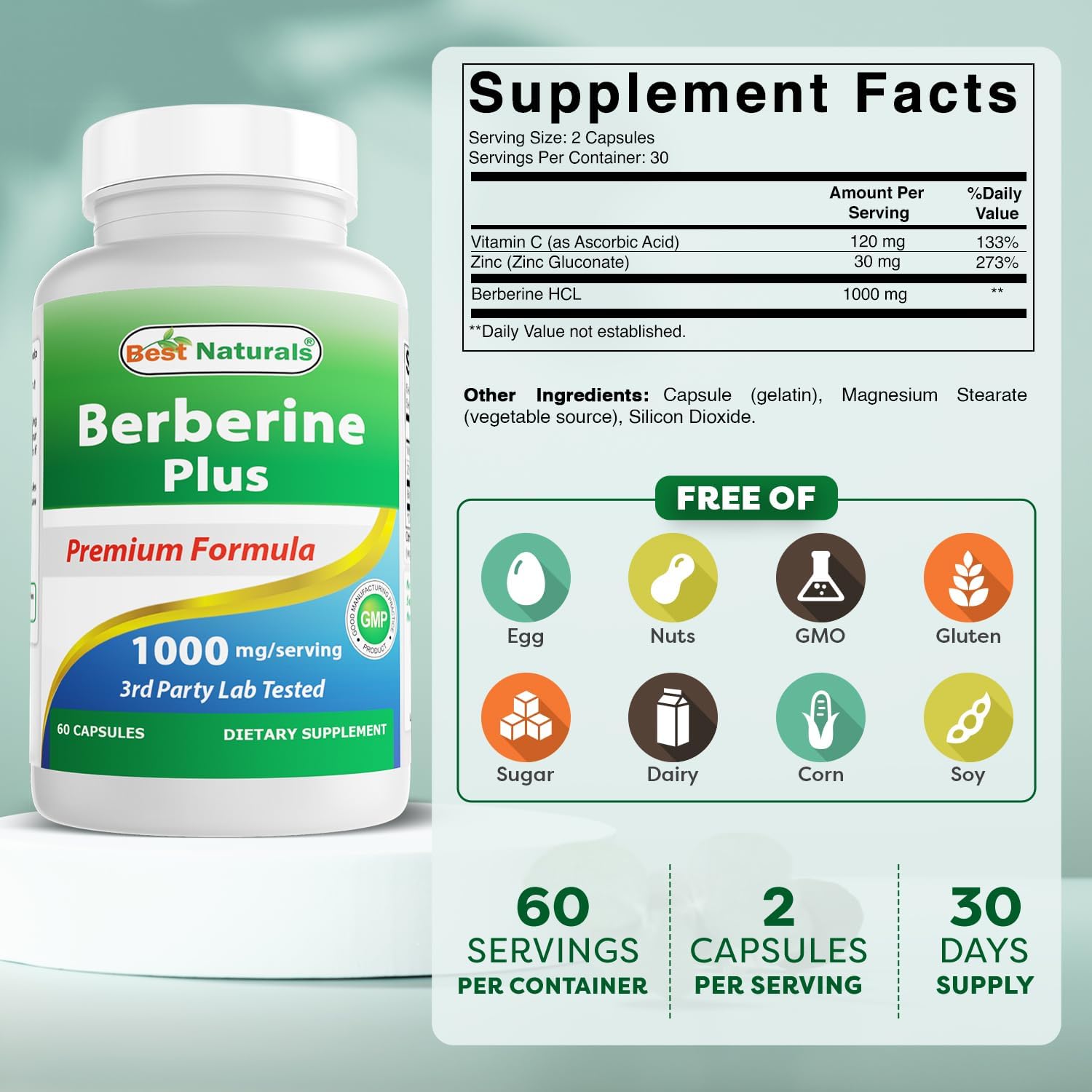 Best Naturals Berberine Plus 1000mg por porción, 60 cápsulas - Contiene Berberina HCL 1000mg, Vitamina C 120mg y Gluconato de Zinc 30mg