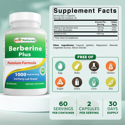 Best Naturals Berberine Plus 1000mg por porción, 60 cápsulas - Contiene Berberina HCL 1000mg, Vitamina C 120mg y Gluconato – Image 2