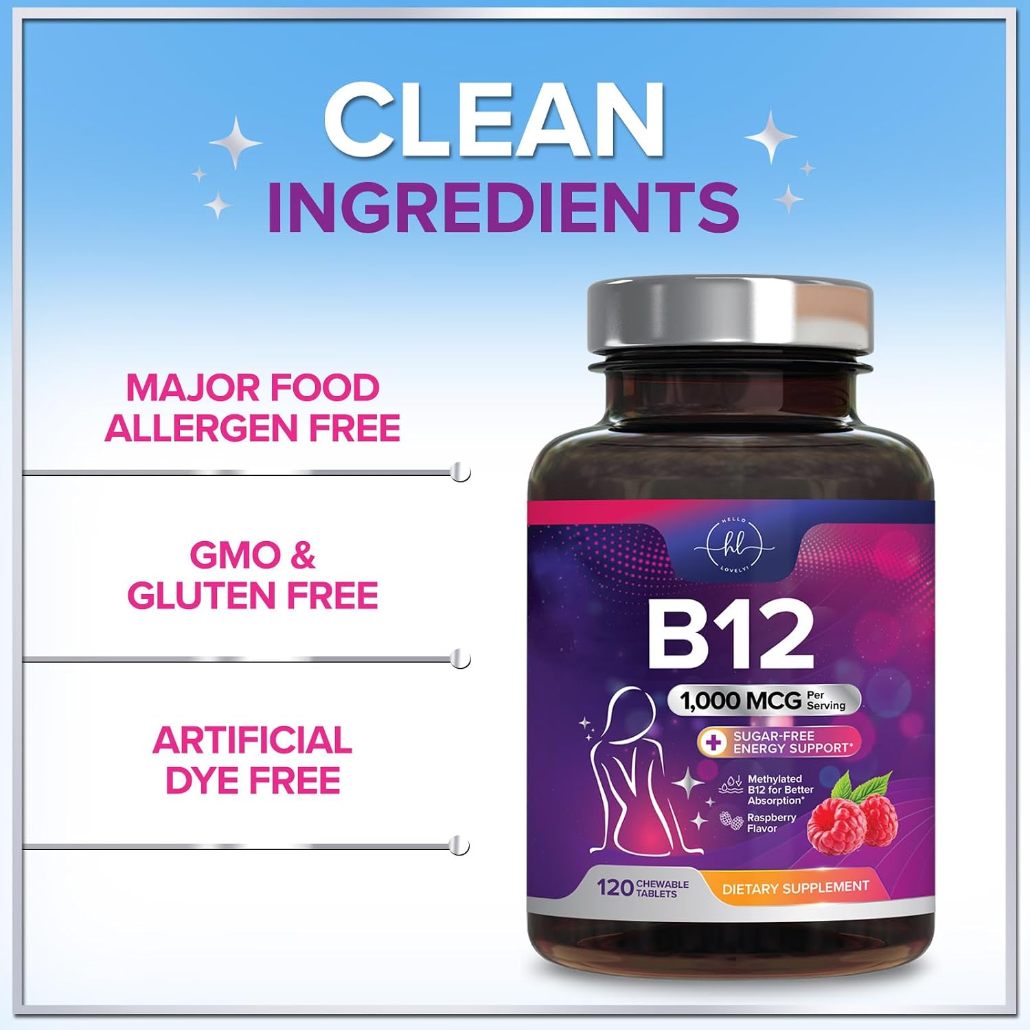 Hello Lovely! Vitamina B12 1000 mcg Masticable - Metilcobalamina, 120 Comprimidos