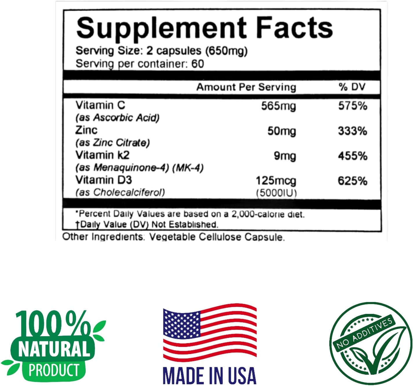 Herbs SRA Vitamina C, D3, K2 y Zinc – 120 Cápsulas Vegetarianas