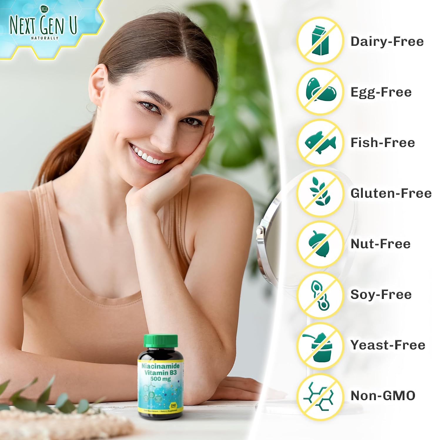 Vitamina B3 (Niacinamida) 500 mg - 240 Cápsulas - NGU Next Gen U