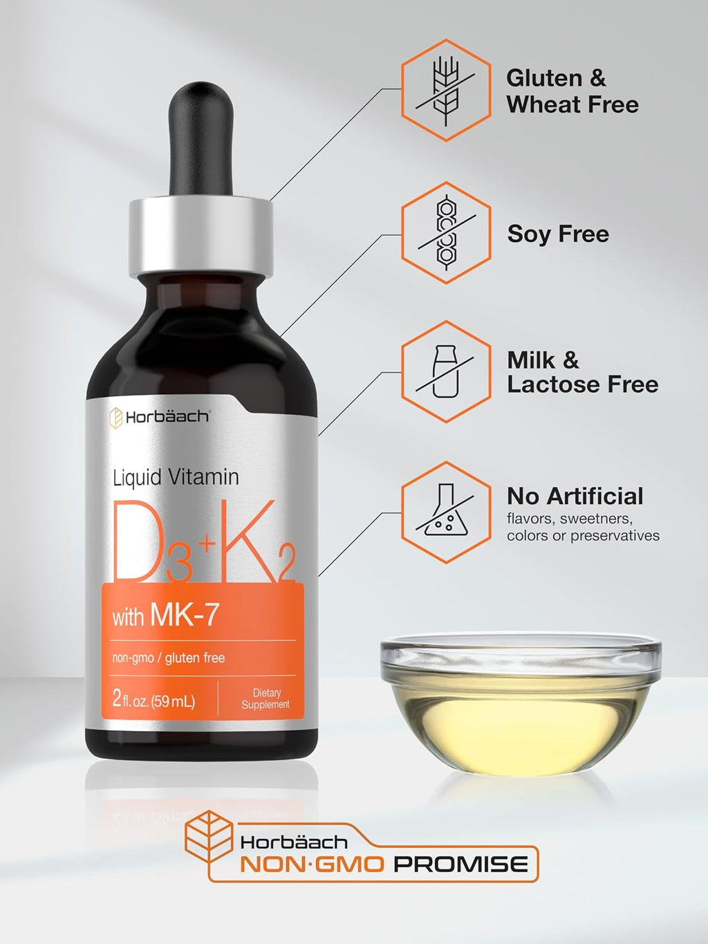 Horbäach Vitamin D3 K2 Liquid Drops | con MK-7 | 2 fl oz | Vegetariano, No-GMO, Sin Gluten