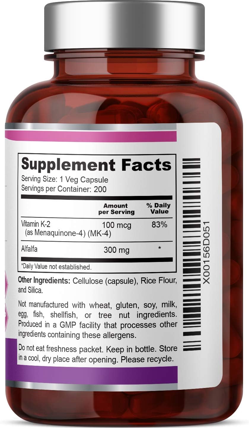 biophix Vitamina K2 MK-4 100 mcg 200 Cápsulas con Alfalfa - Huesos Fuertes y Salud Inmunitaria