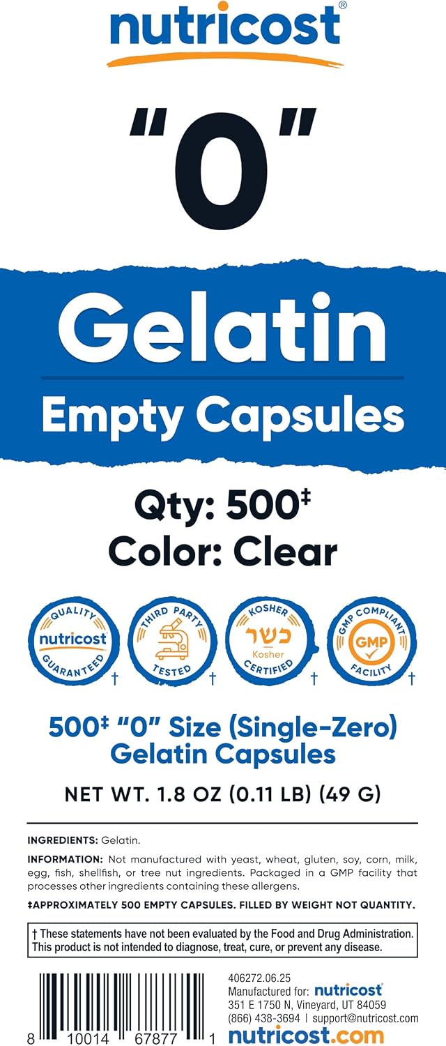 Nutricost Cápsulas Vacías de Gelatina Tamaño 0 - 500 Cápsulas Transparentes - Kosher, No GMO, Sin Soja, Sin Gluten