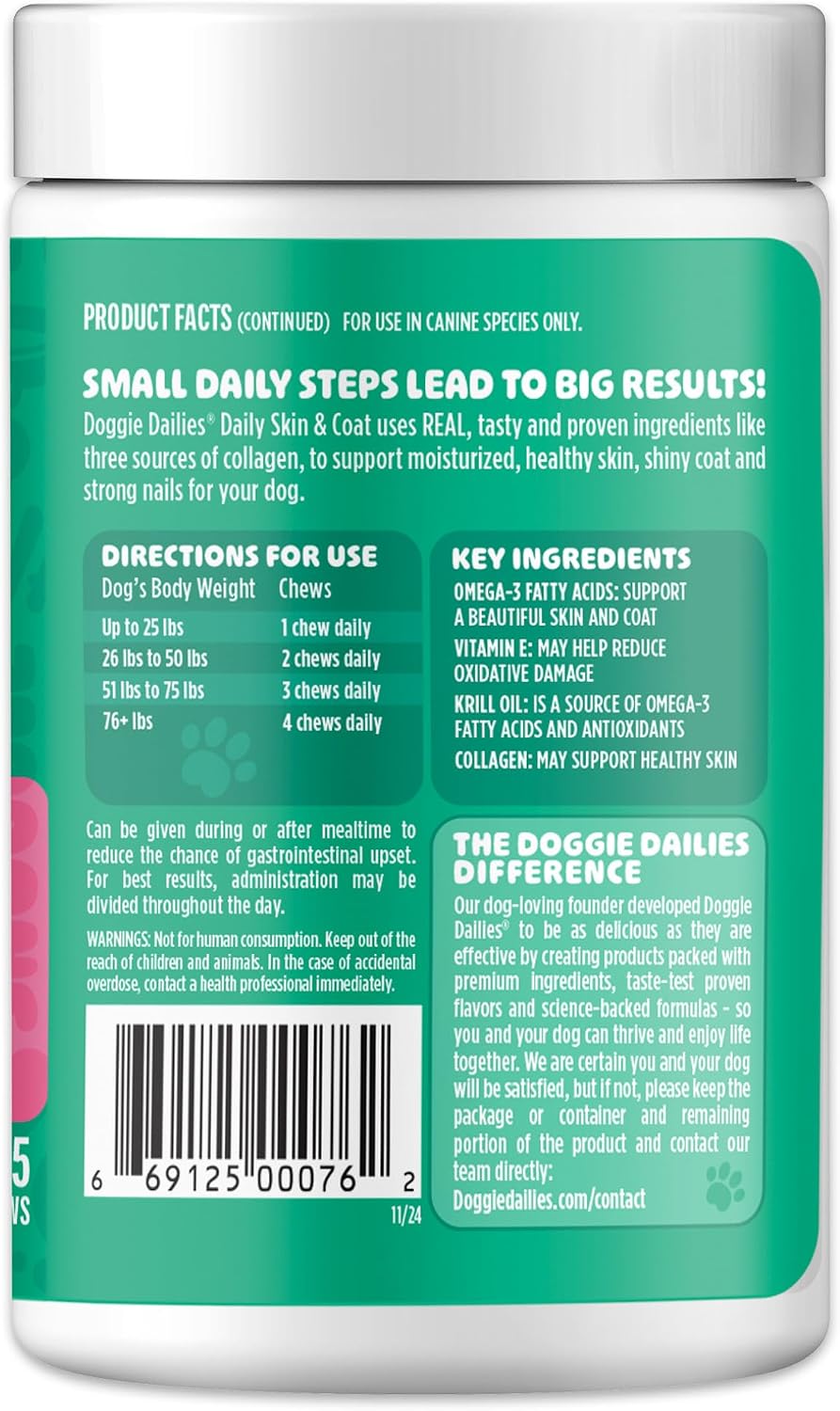 Doggie Dailies Suplemento para Perros Piel y Pelaje con Aceite de Salmón, Colágeno y Omega 3 - 225 Masticables