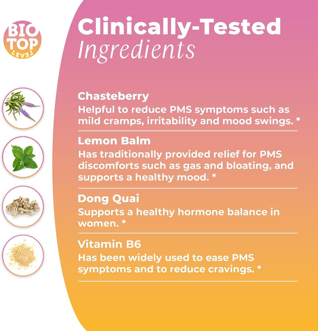 Suplemento para el Alivio del PMS con Vitex, Vitamina B6, Melisa y Dong Quai - 30 Cápsulas Veganas