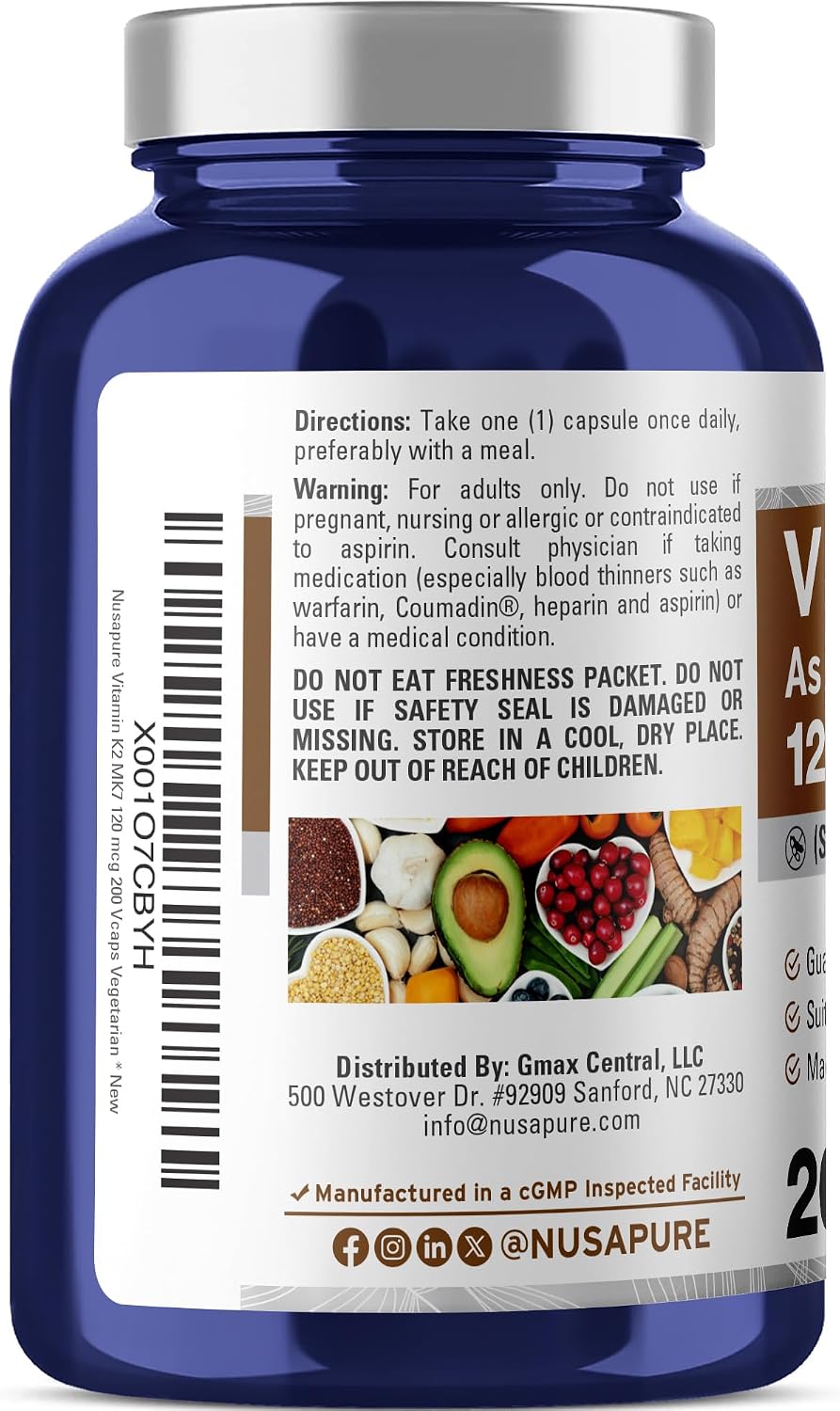 NusaPure Vitamina K2 MK7 120 mcg – 200 Cápsulas Vegetales (Sin Soja, No OGM, Vegano)