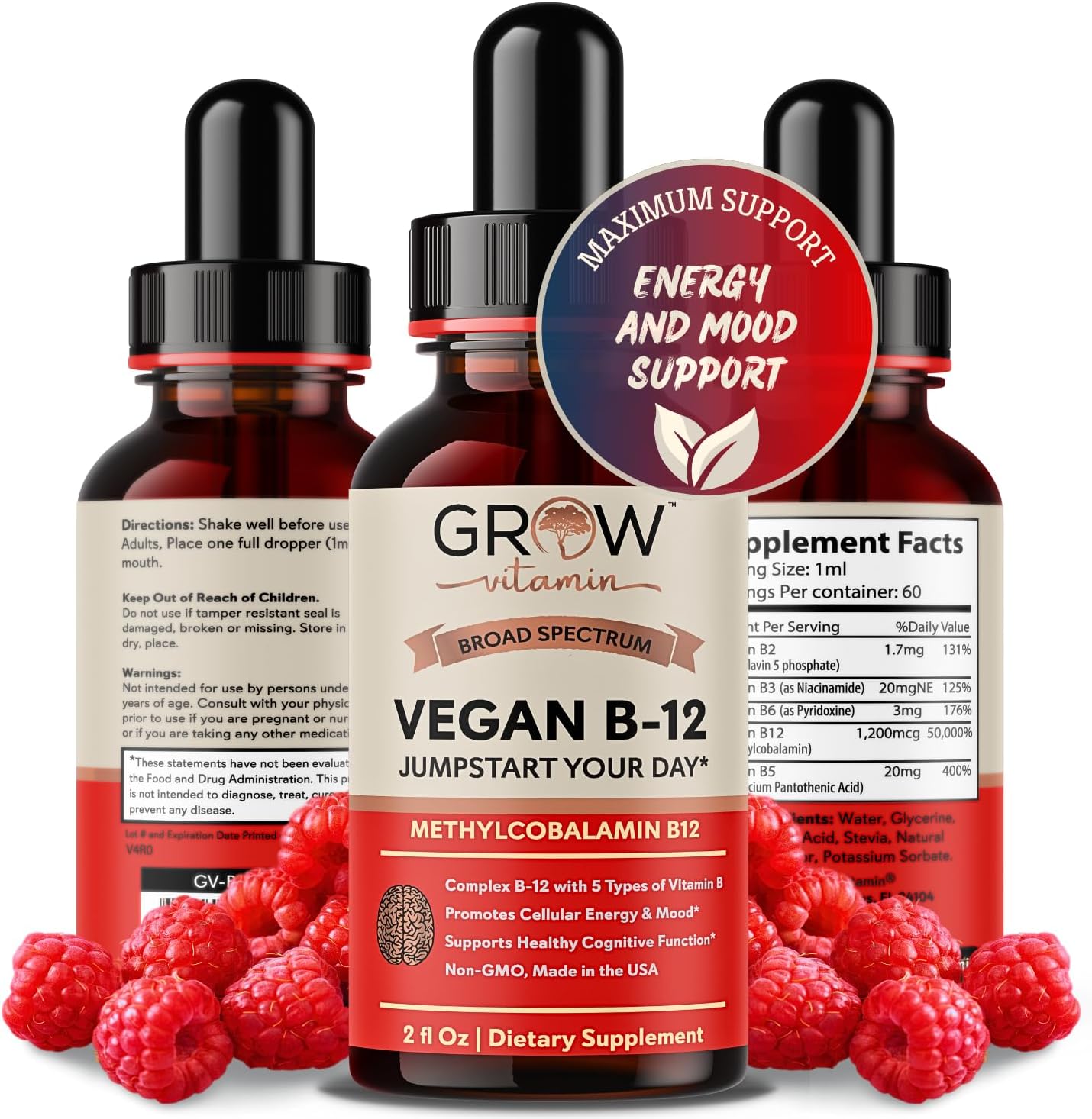 Grow Vitamin Complejo B12 Líquido Sublingual - Metilcobalamina Premium con Vitaminas B2, B3, B6 y B12 para Energía y Sistema Inmunitario