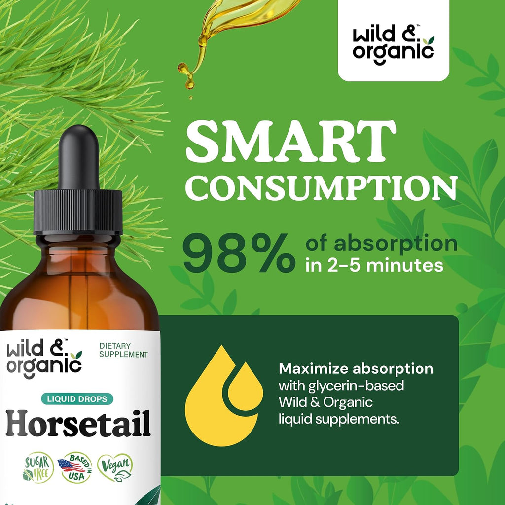 Wild & Organic Tintura de Cola de Caballo - Apoyo para Cabello, Piel y Uñas - Suplemento Líquido Vegano sin Alcohol - 118 ml