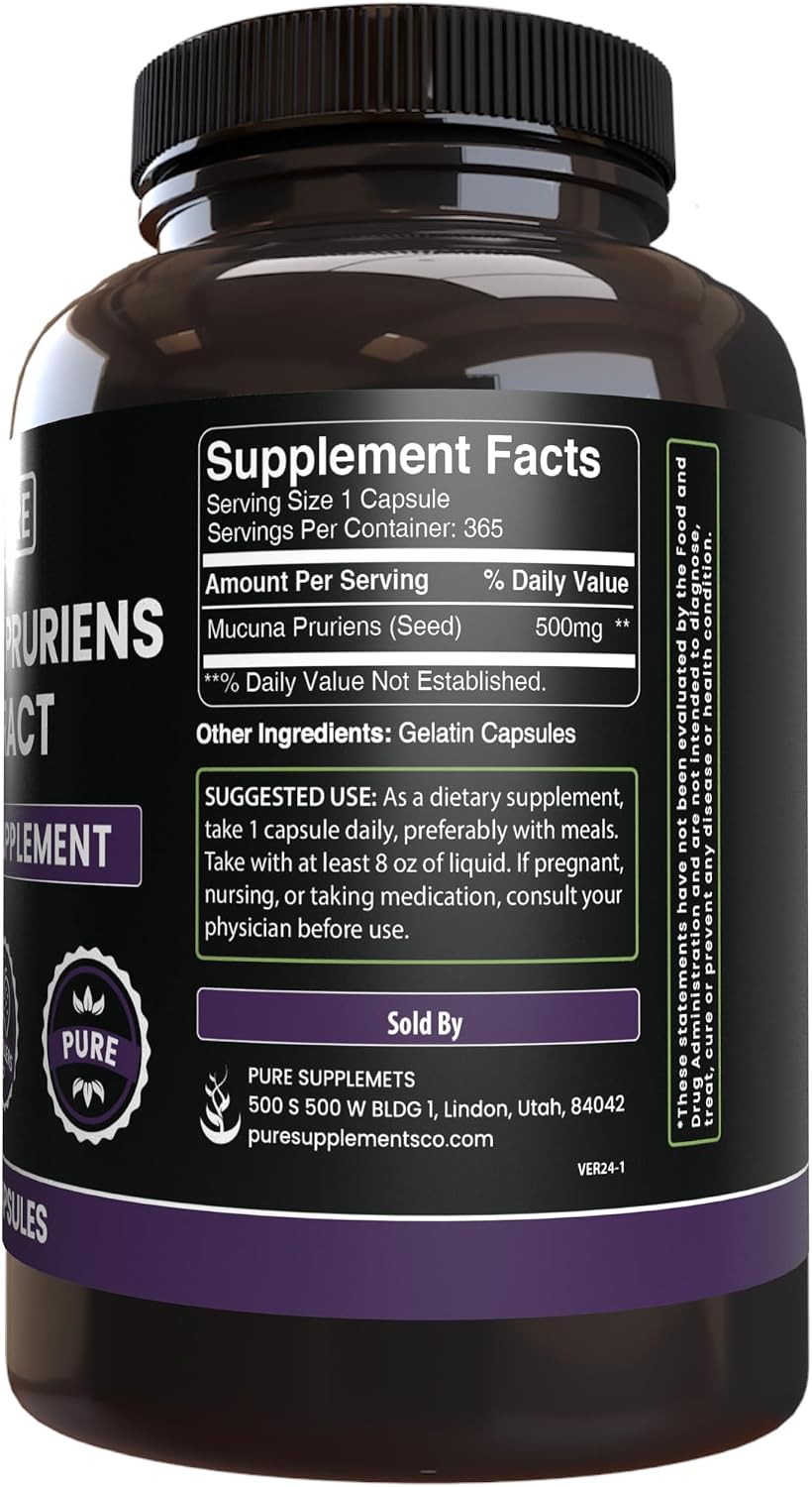 Pure Original Ingredients Mucuna Pruriens (365 Cápsulas) Sin Rellenos, Siempre Puro, Verificado en Laboratorio