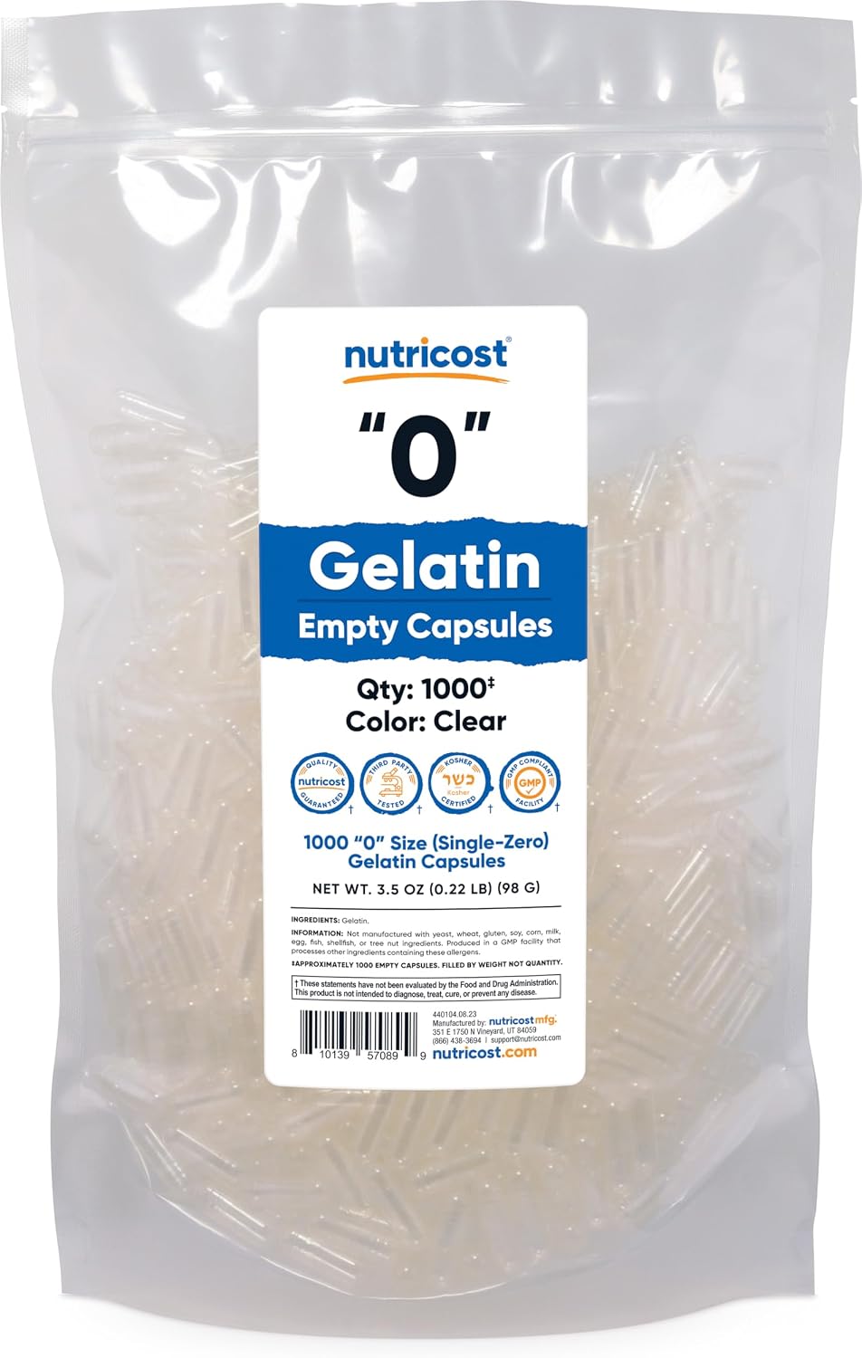 Nutricost Cápsulas Vacías de Gelatina Tamaño 0 - 500 Cápsulas Transparentes - Kosher, No GMO, Sin Soja, Sin Gluten