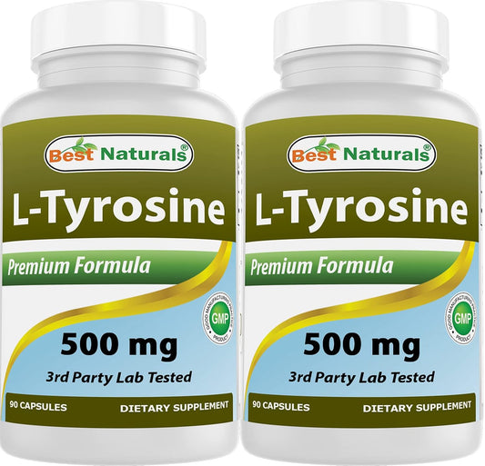 Best Naturals L-Tirosina 500 mg, 180 Cápsulas (2 Envases de 90)