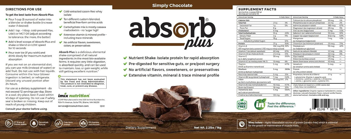 Absorb Plus Isolate Protein - Suplemento Nutricional para la Salud Digestiva, 2.2 lbs, Sabor Simply Chocolate – Image 4