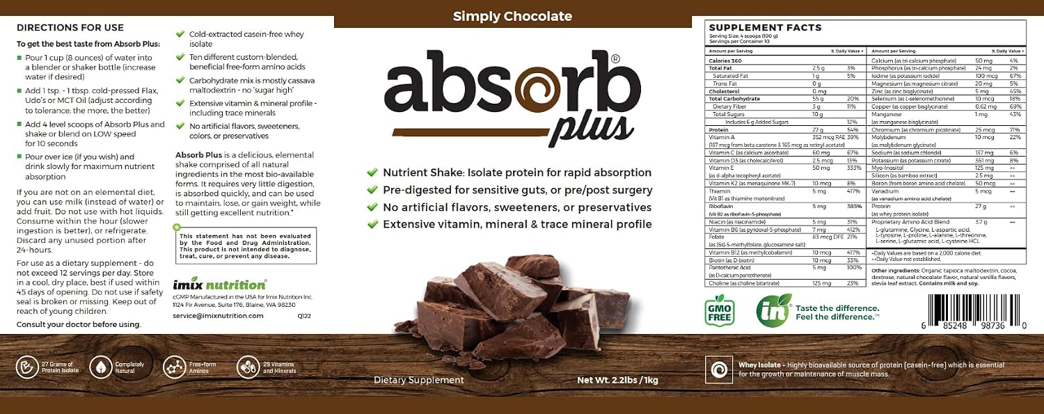 Absorb Plus Isolate Protein - Suplemento Nutricional para la Salud Digestiva, 2.2 lbs, Sabor Simply Chocolate
