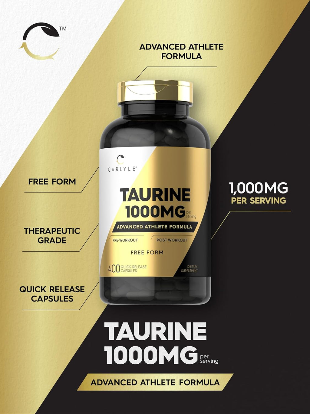Carlyle Taurina 1000 mg - 400 Cápsulas - Aminoácido Esencial - Alta Potencia - Sin Gluten