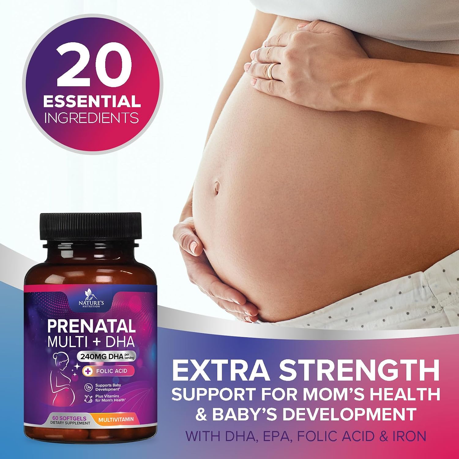 Vitaminas Prenatales con Ácido Fólico y Omega 3 DHA - 60 Cápsulas Blandas