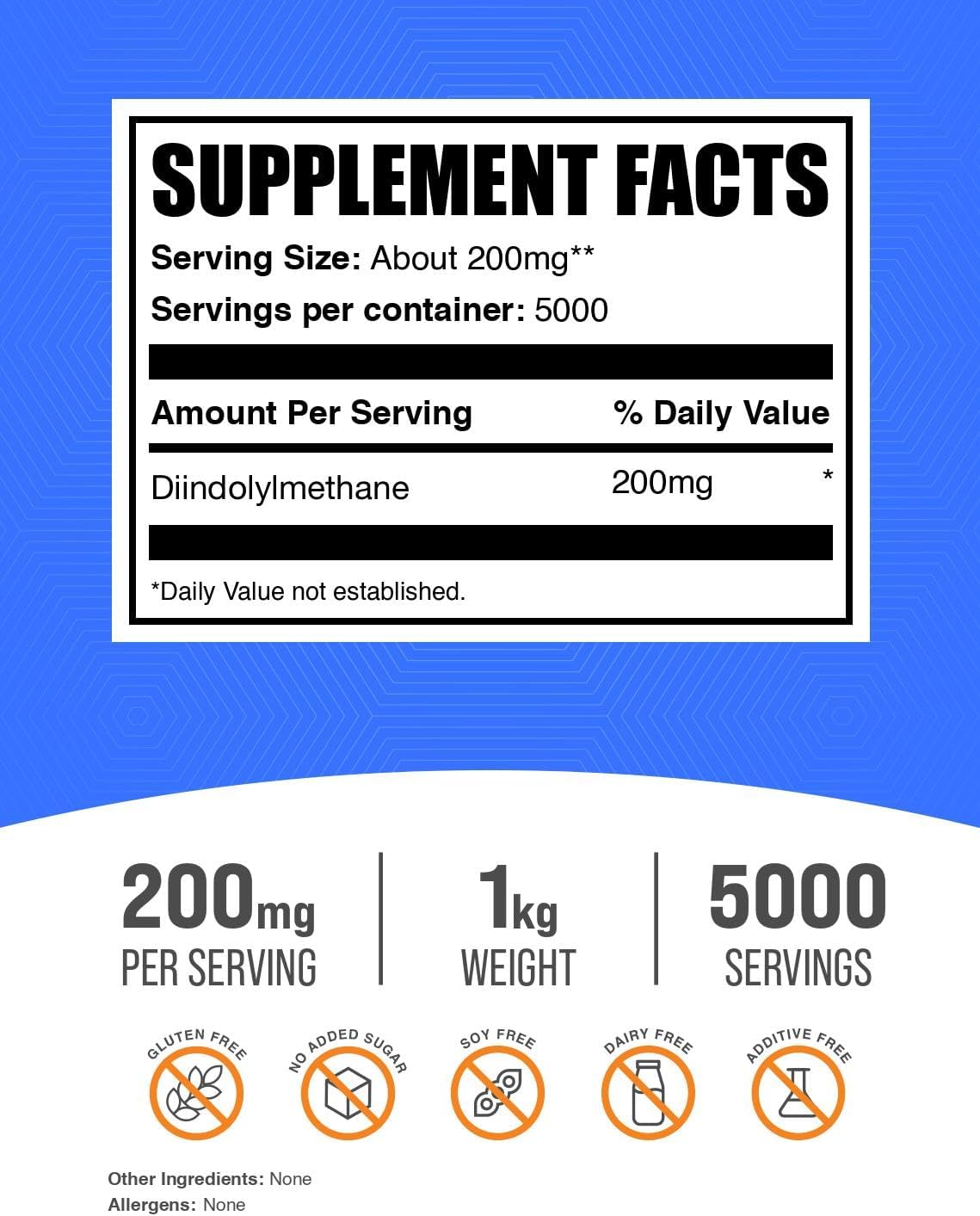 BulkSupplements.com DIM en Polvo - Diindolilmetano, 200 mg por ración, 1 kg