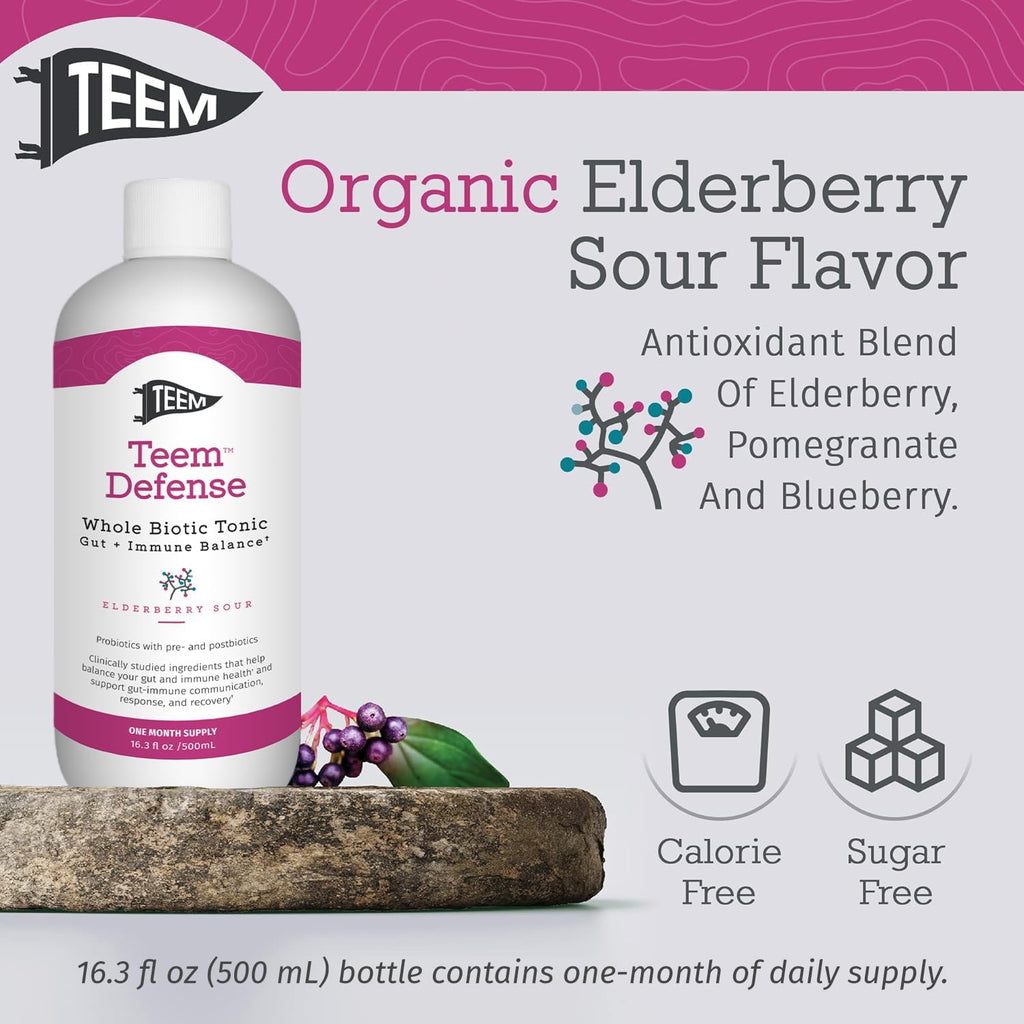 Teem Defense - Probiótico Líquido con Saúco, Prebiótico, Probiótico y Postbiótico, 480 ml