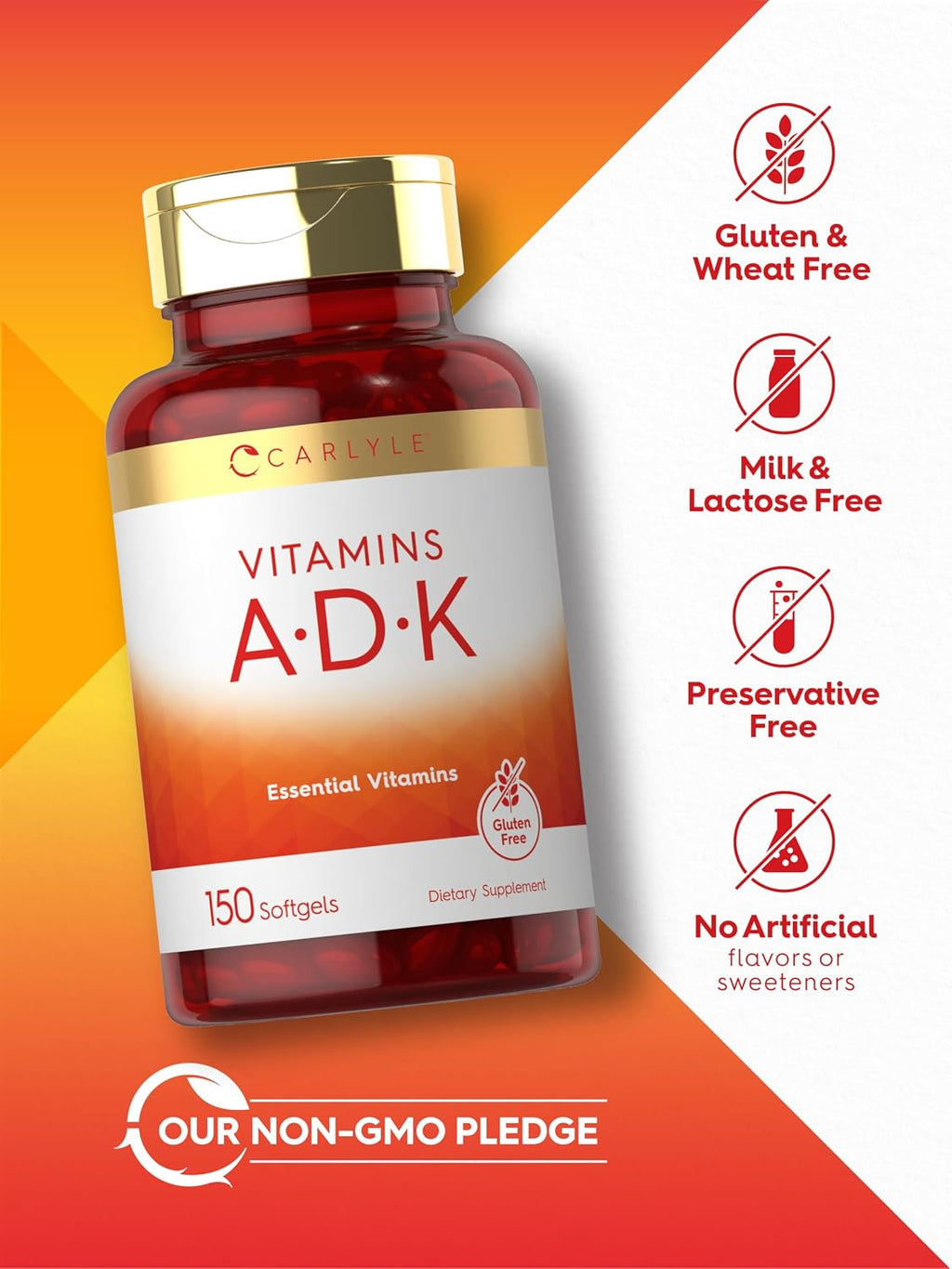 Carlyle Vitamin ADK Supplement | 150 Softgels | con Vitaminas A, D3 (5000 UI), K1, K2 (MK-4 y MK-7) | No GMO, Sin Gluten