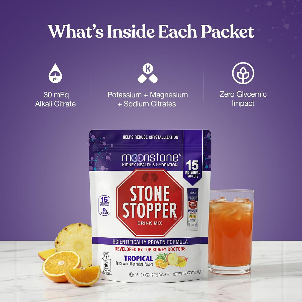 Moonstone Stone Stopper Drink Mix, Tropical - Prevención de Cálculos Renales, 15 Días