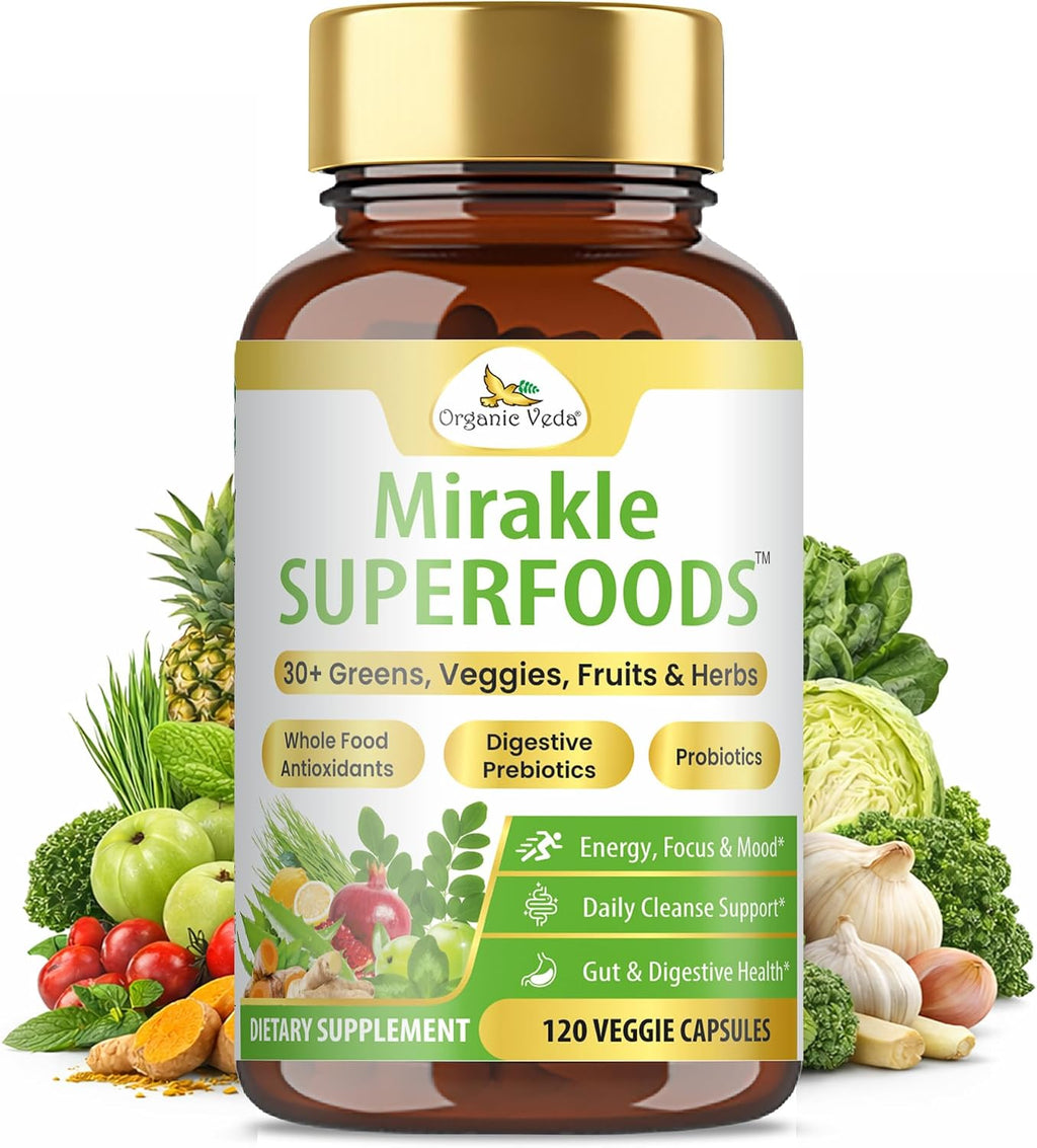 Organic Veda Mirakle Superfoods - Superalimentos Verdes con Probióticos, 40+ Nutrientes Orgánicos, Vitamina C y Resveratrol - 120 Cápsulas