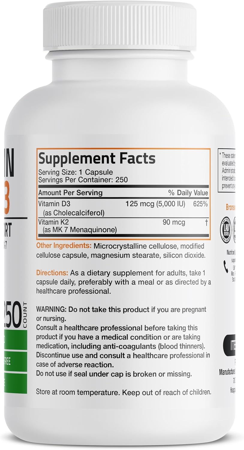 Bronson Complejo de Vitamina D3 y K2 (MK-7) 5000 UI / 90 mcg, 250 Cápsulas