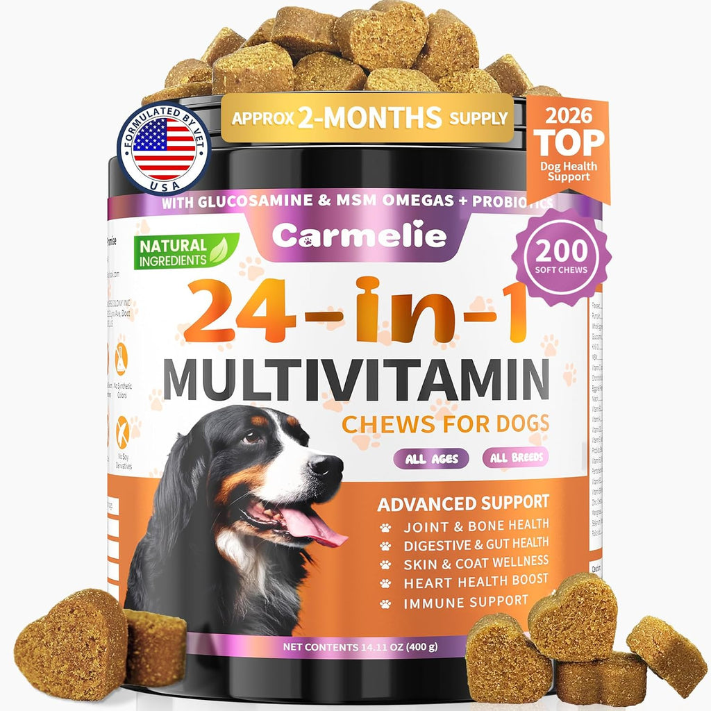 Carmelie Multivitamínico 24 en 1 para Perros - 200 Chewables con Glucosamina, Probióticos y Omega-3 - Sabor Pollo