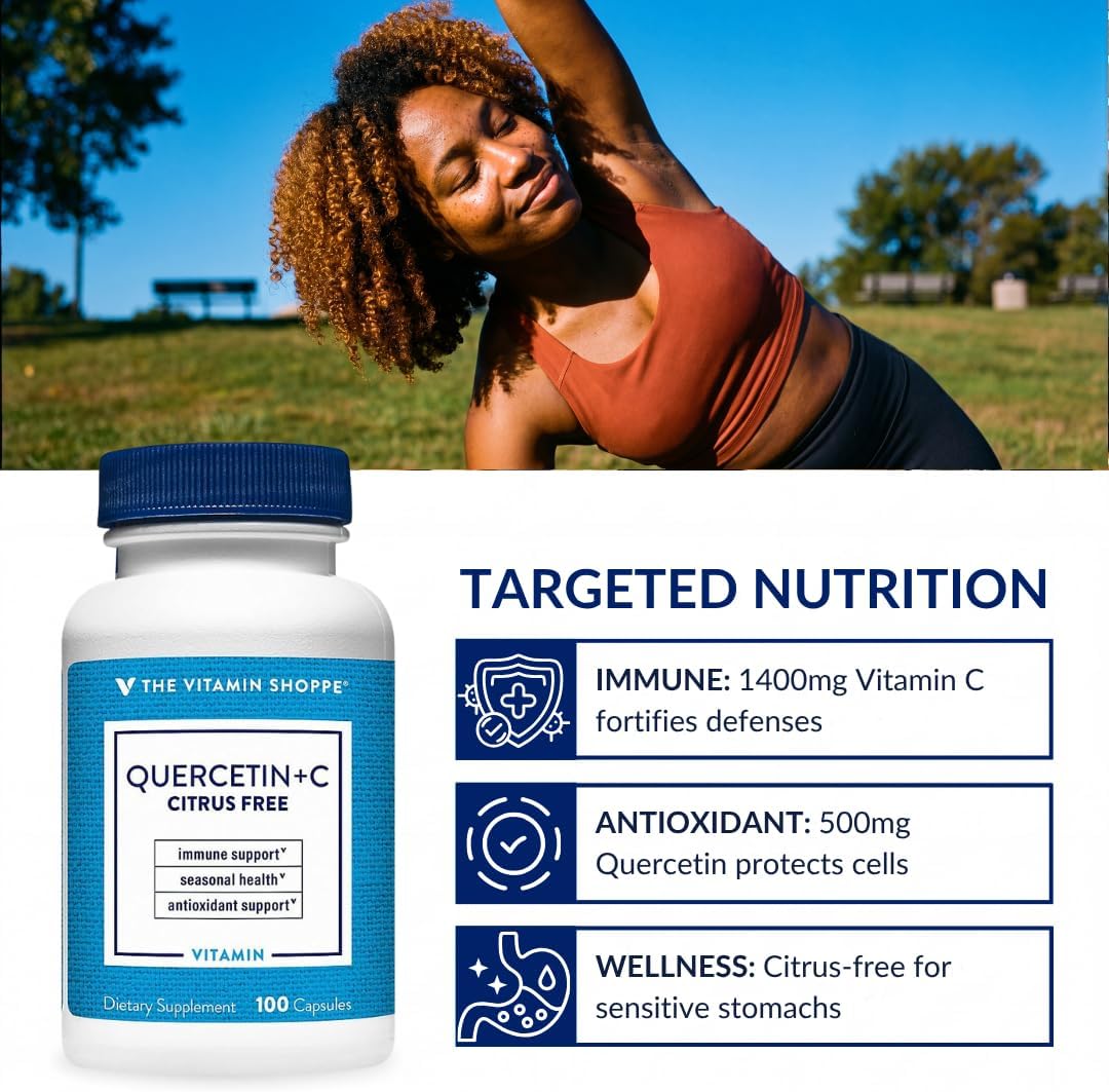 The Vitamin Shoppe Quercetina + C Sin Cítricos, 1400 mg de Vitamina C y 500 mg de Quercetina, 100 Cápsulas