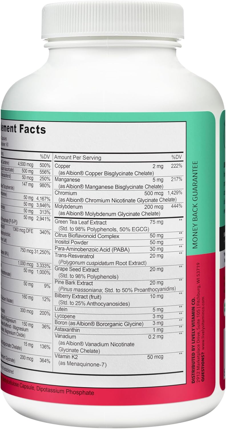 Multivitamínico Lively Vitamin Co - 37 Vitaminas, Minerales y Extractos - 240 Cápsulas Vegetarianas
