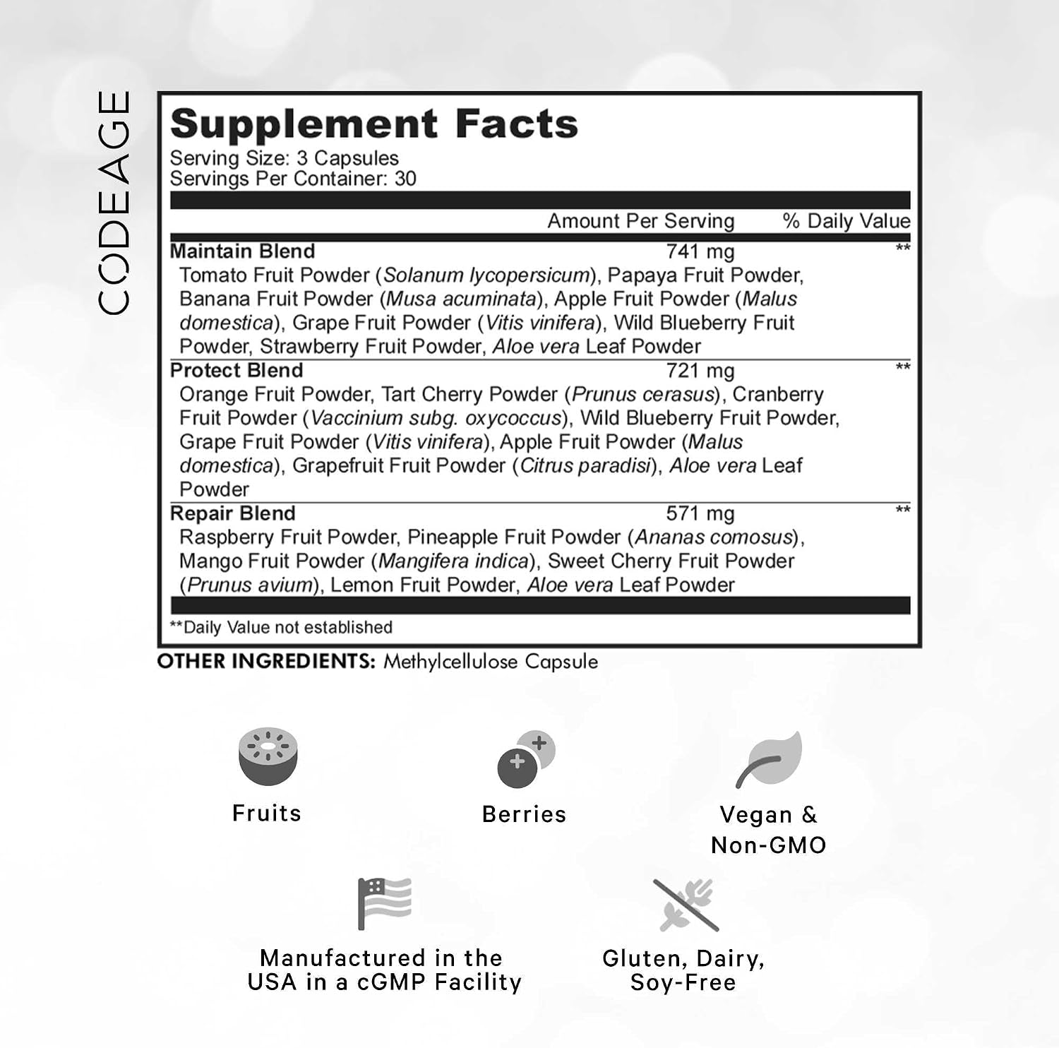 Codeage Instantfood Fast Fruits, Más de 15 Frutas en Polvo, Multivitamínico Vegano Diario, 90 Cápsulas