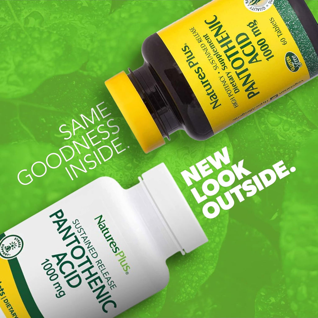 NaturesPlus Ácido Pantoténico, Liberación Sostenida - 1000 mg, 60 Comprimidos - Suplemento de Vitamina B5 de Alta Potencia - Vegano, Sin Gluten