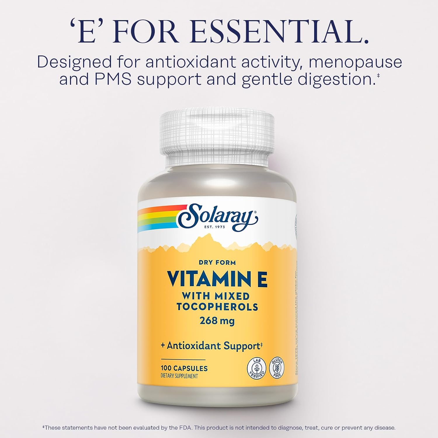 SOLARAY Vitamin E 400 IU (268 mg), Dry Form - Natural Source, Mixed Tocopherols - Antioxidant, Menopause & PMS Support - 100 Capsules