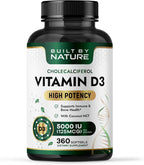 Built by Nature Vitamina D3 5000 UI, 360 Minicápsulas Blandas con Aceite MCT de Coco