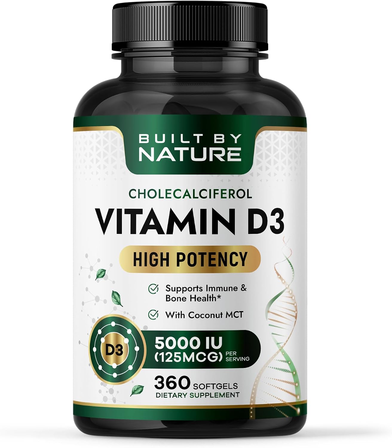 Built by Nature Vitamina D3 5000 UI, 360 Minicápsulas Blandas con Aceite MCT de Coco