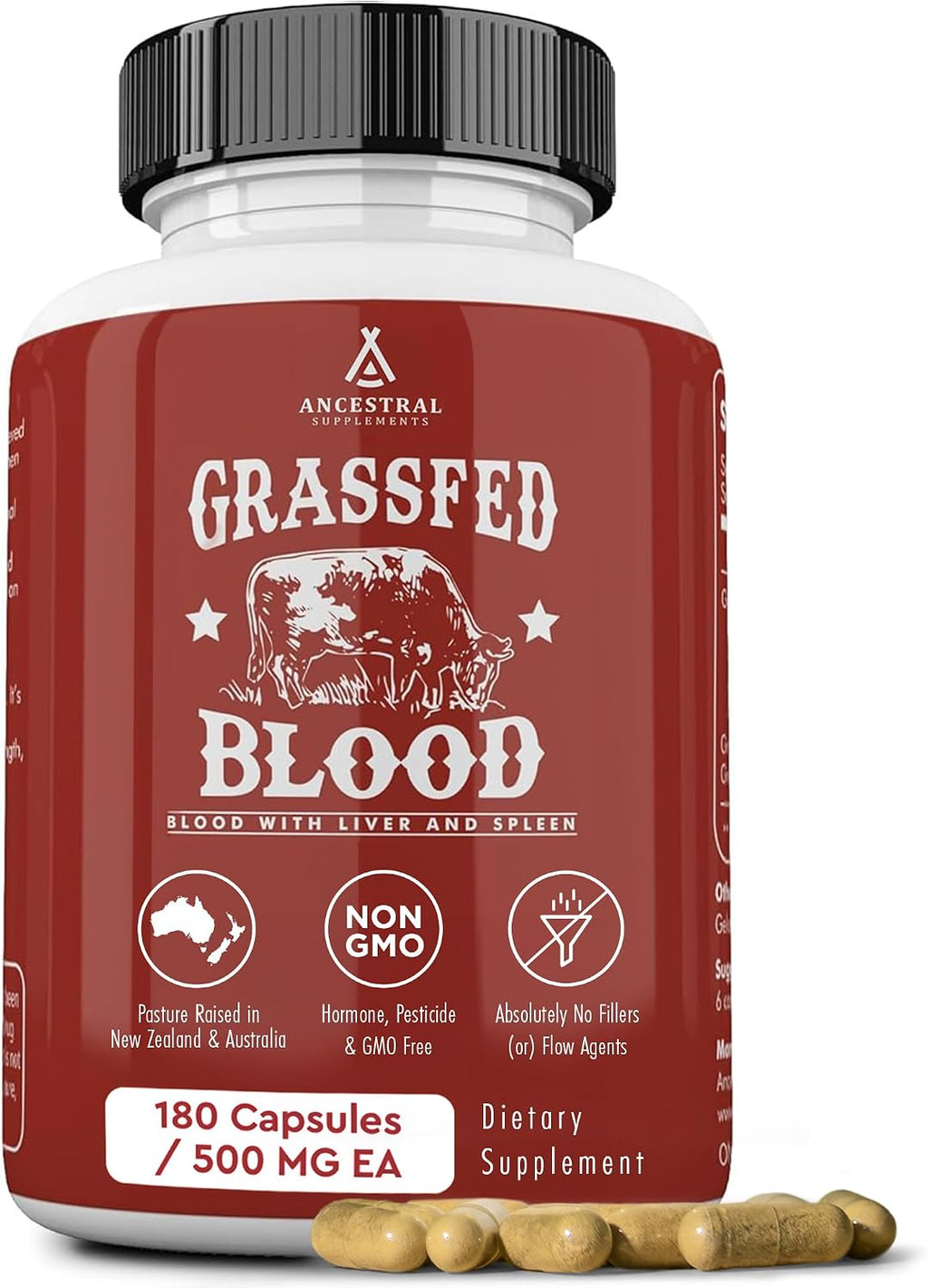 Ancestral Supplements Grass Fed Blood - Fórmula de Sangre, Hígado y Bazo, 500 mg, 180 Cápsulas