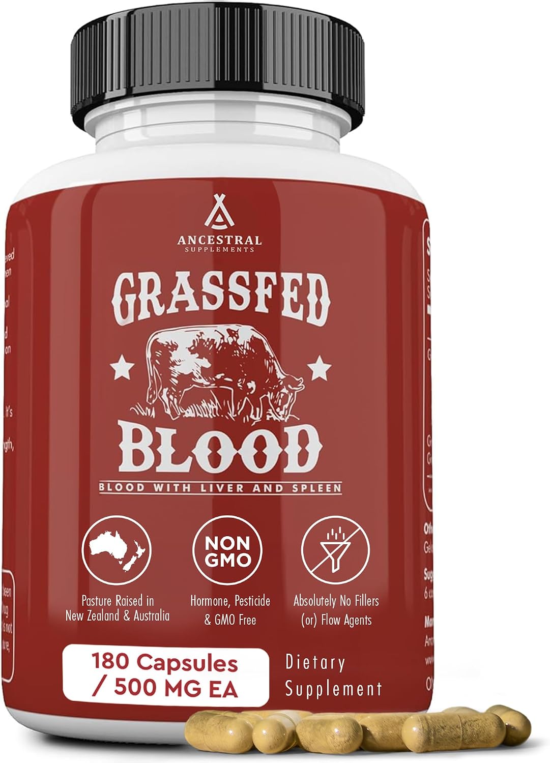 Ancestral Supplements Grass Fed Blood - Fórmula de Sangre, Hígado y Bazo, 500 mg, 180 Cápsulas